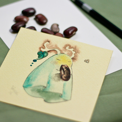 Watercolor illustration by Abigail Miller of unSpooky Laughter Studio of a blobbily spirit who has stolen a bean