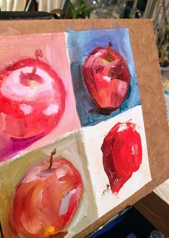 small oil studies of a red apple by artist Abigail Epstein